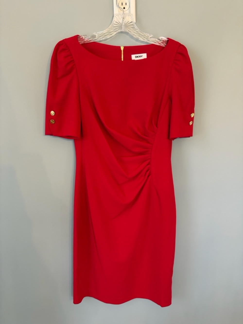 DKNY Red Puff Sleeve Sheath Dress with Gold Buttons - Picture 6 of 6